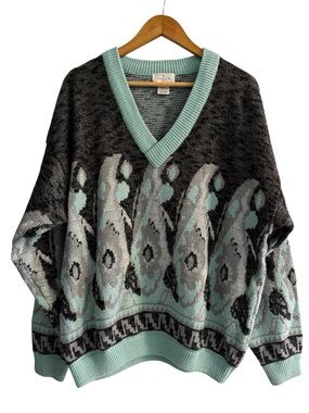 Y2K Abstract Grandpa Sweater Teal Geometric Knit XL
